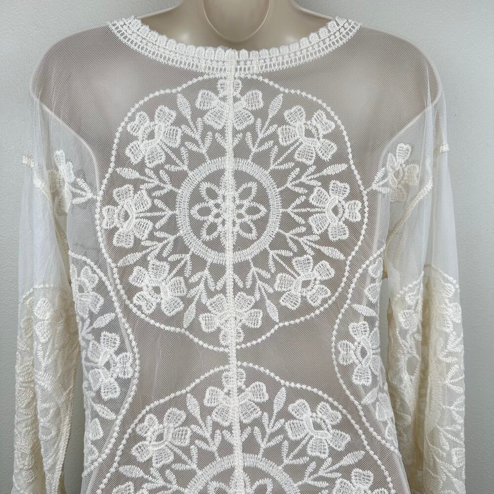 Embroidered Sheer Mesh Lace Open Cardigan Floral Cream M Cottagecore Festival - Picture 8 of 10